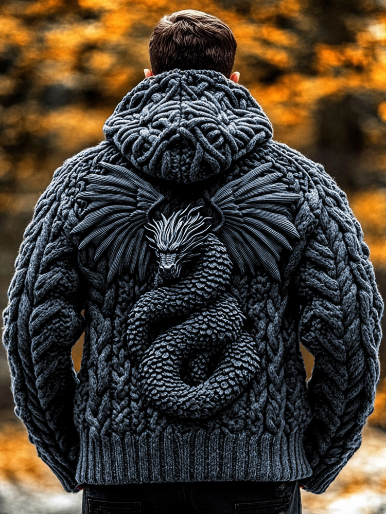 Men's  Dragon Viking Celtic Chunky Knit Hooded Sweater  artssus