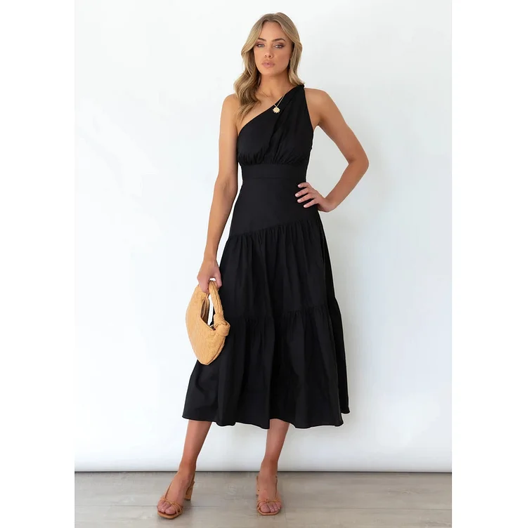 One Shoulder Solid Color Swing Dress