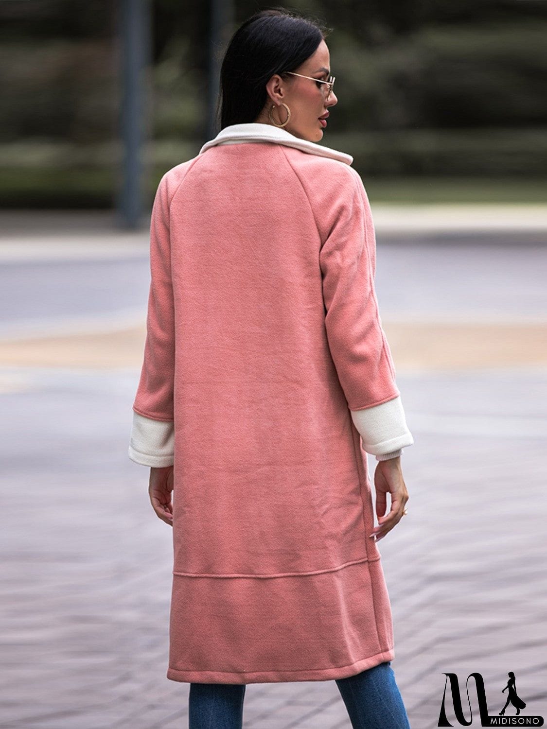 MidiSono - Contrast Lapel Collar Coat with Pockets