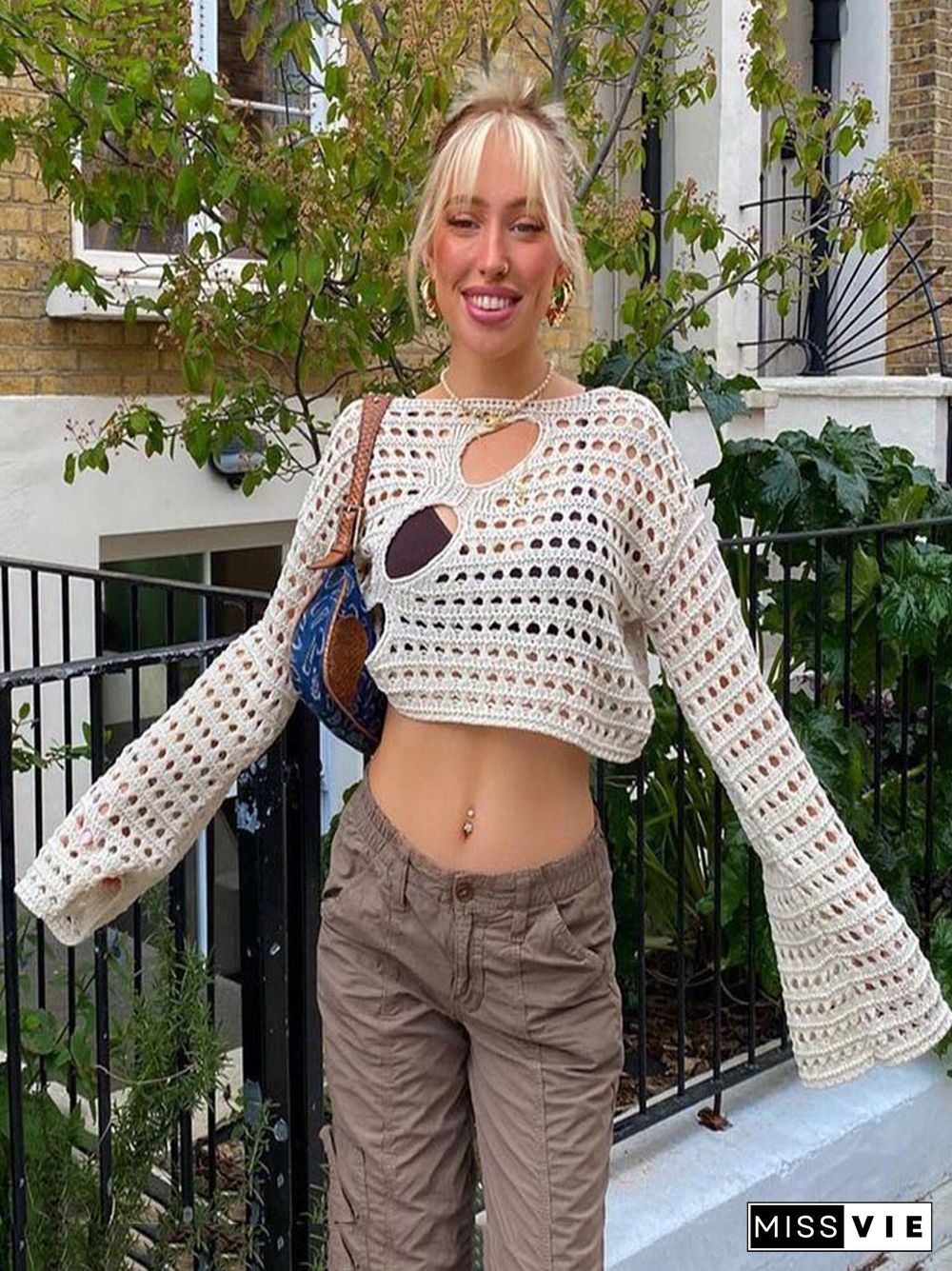 Y2K Hollow Out Cropped Knit Smock Top Vintage Loose Distressed Crochet Pullovers Casual Fairycore Chic Crop Cloth