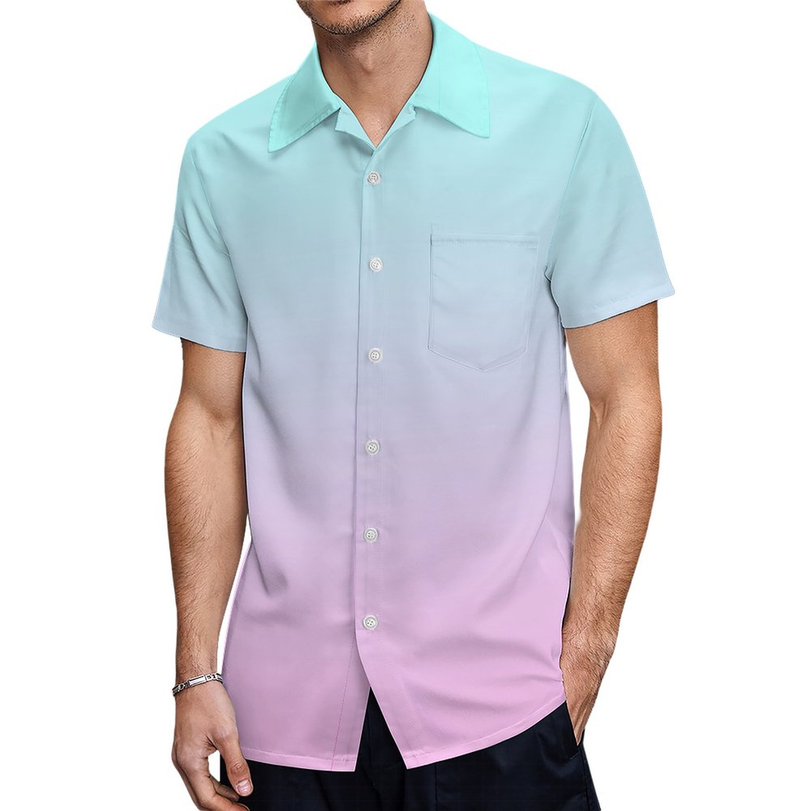 Girly Turquoise Pink Gradient Iridescent Leopard Hawaiian Shirt Mens Button Down Tropical Hawaii Beach Shirts