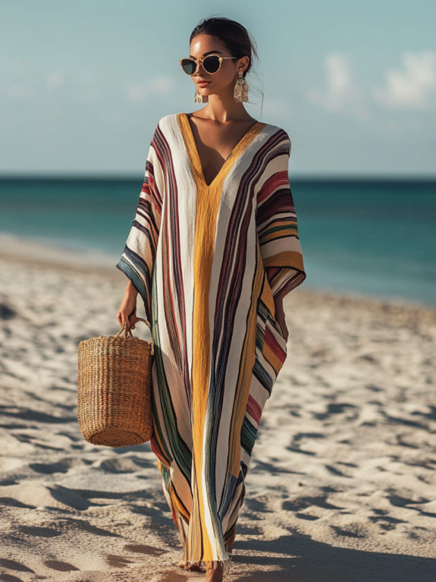 Cotton and linen women's V-neck long skirt