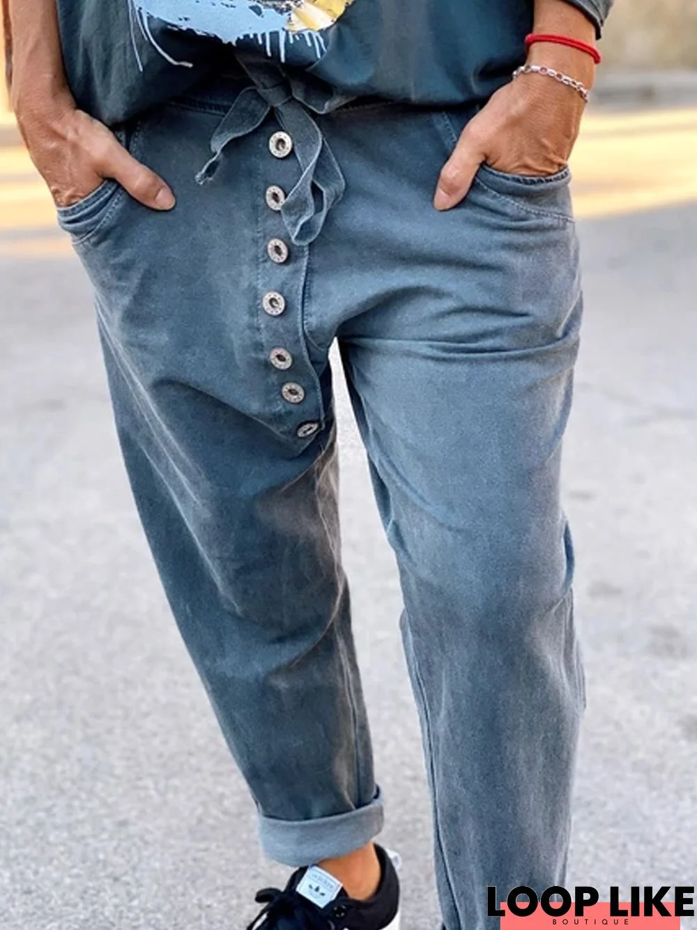 Blue Gray Cotton-Blend Casual Buttoned Pants