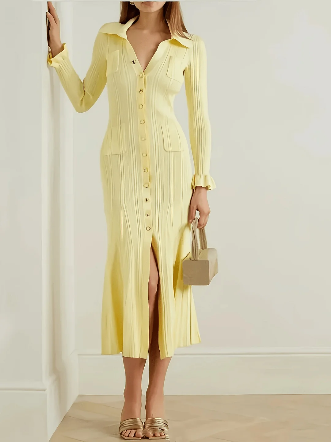 Nigikala Nigikala Collar Body Solid Temperament Elegant Knitted Dress Long Dress Autumn And Winter Women's Dress