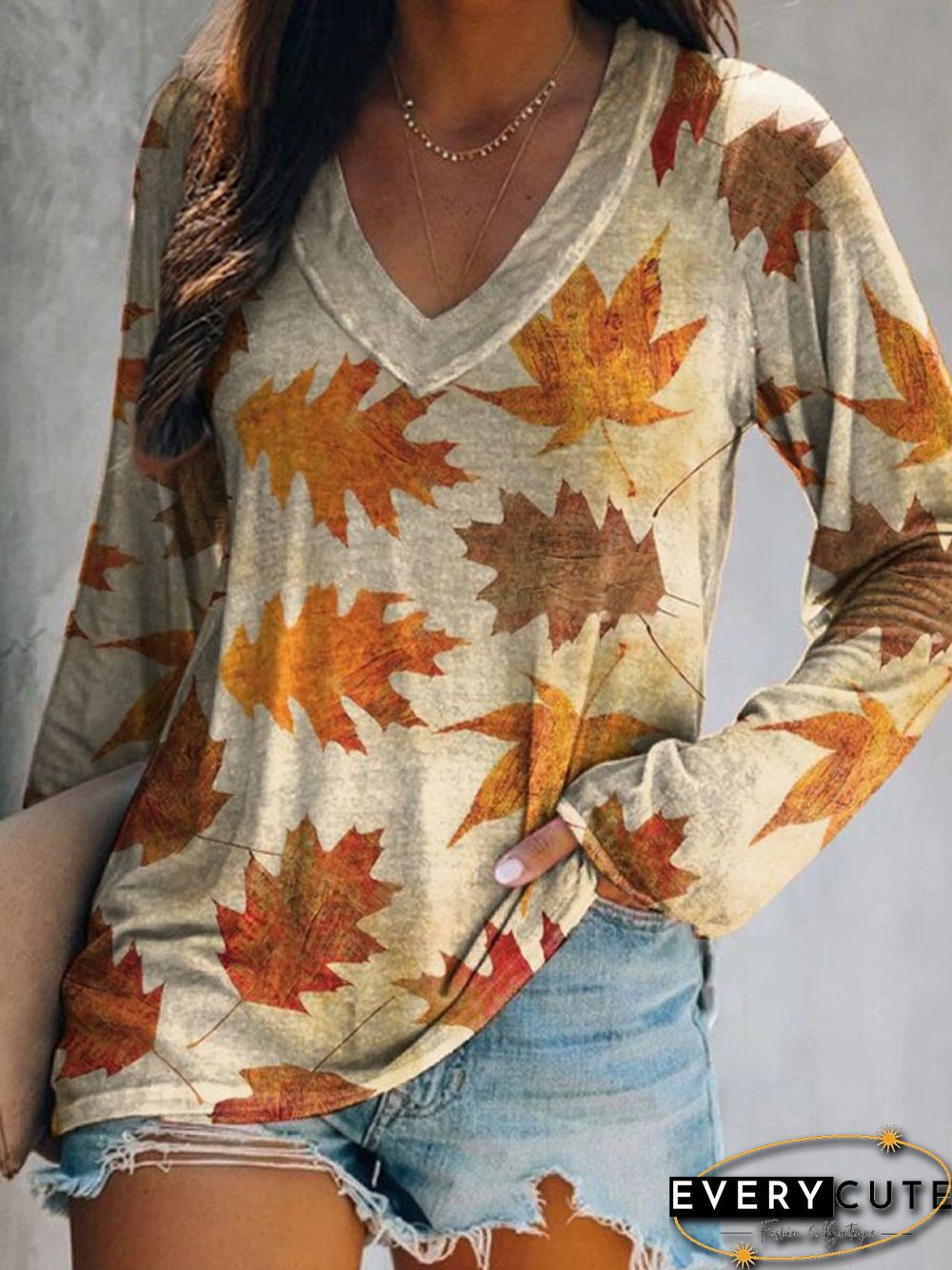 Casual Long Sleeve V Neck Plus Size Printed Tops T-shirts