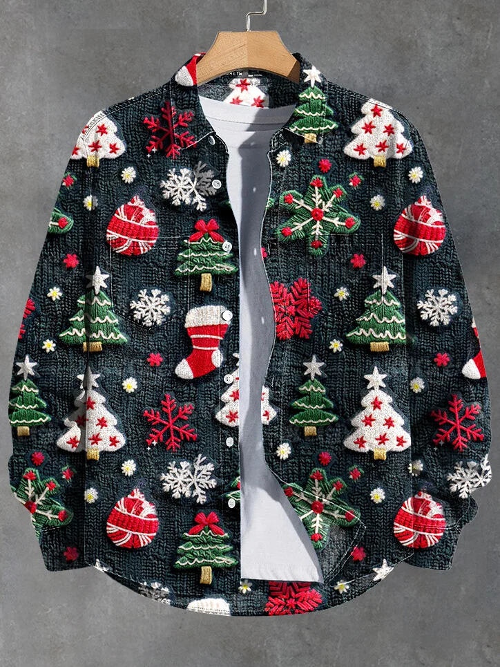 Men's Christmas Tree And Snowflakes Denim Embroidery Texture Print Casual Jacket