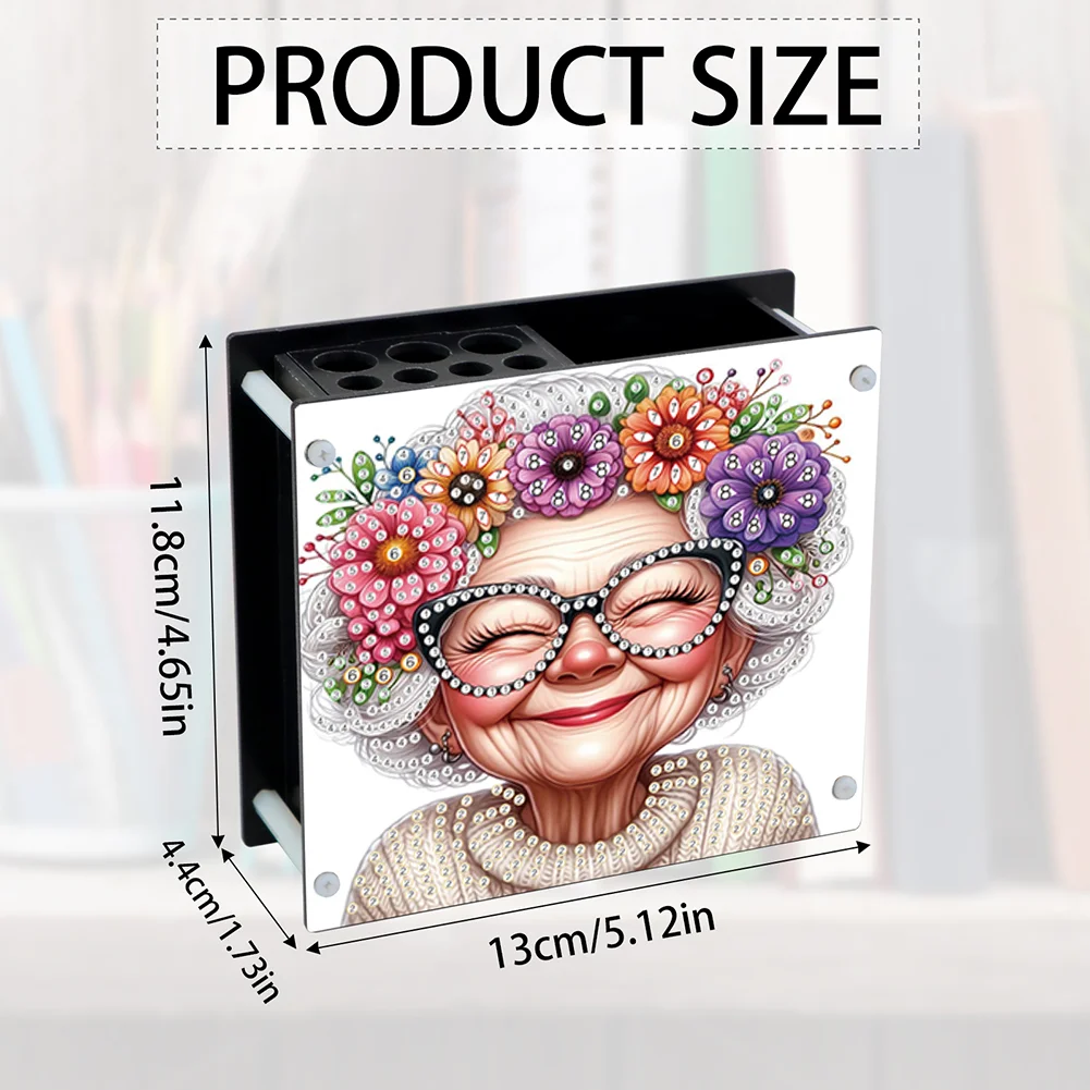 DIY Old Lady Special Shaped Diamond Painting Acrylic Pencil Holder Organizer