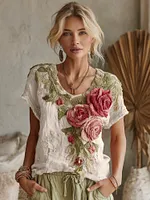 Women's Vintage Floral Art Linen Crew Neck Short Sleeve T-shirt - Image 4
