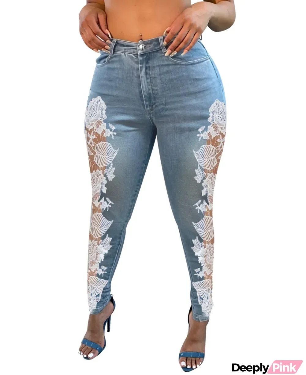 Blue Patchwork High Waist Floral Jeans