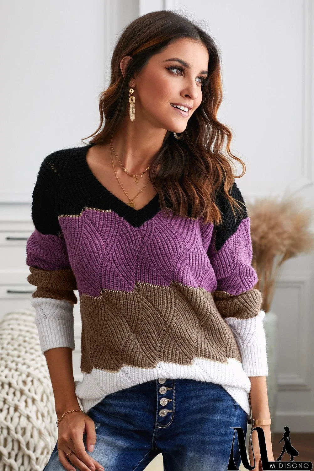 MidiSono - Women's Black Colorblock V Neck Textured Knit Sweater