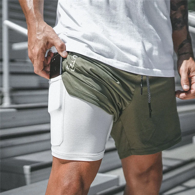 Soild Color Double Layer Breathable Sportswear Men's Fitness Gym Shorts-VESSFUL
