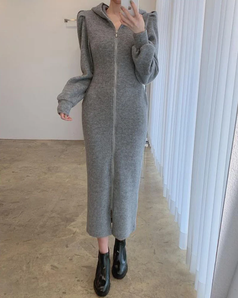 French temperament hooded design thin puff sleeve dress