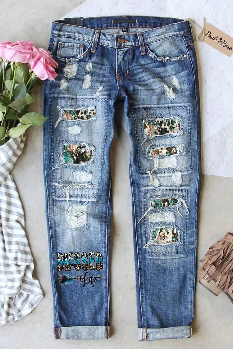 Blessed Life Western Cowhide Print Ripped Jeans