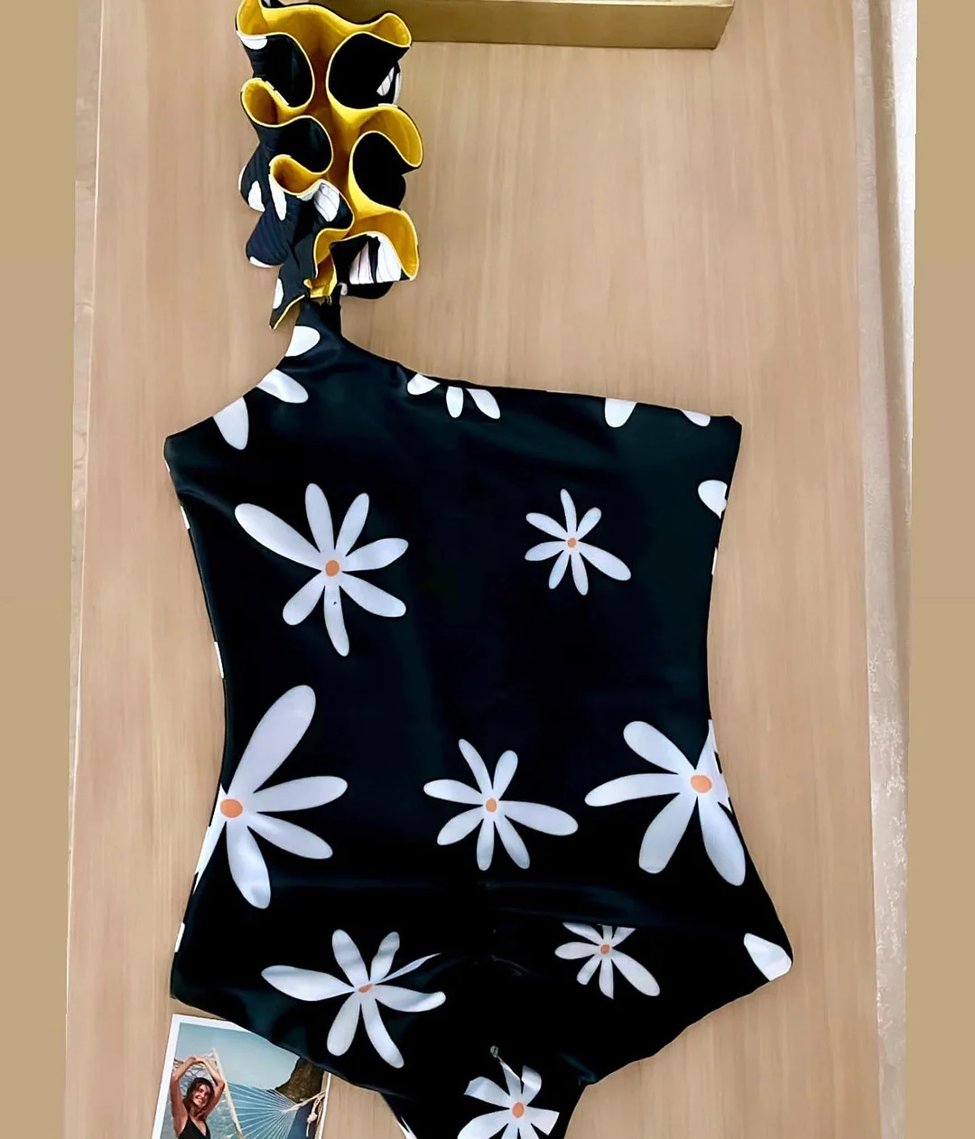 Huiketi New Sexy Ruffle Print One Piece Swimsuit Off The Shoulder Swimwear Women Solid Push Up Beachwear Bathing Suit Monkini