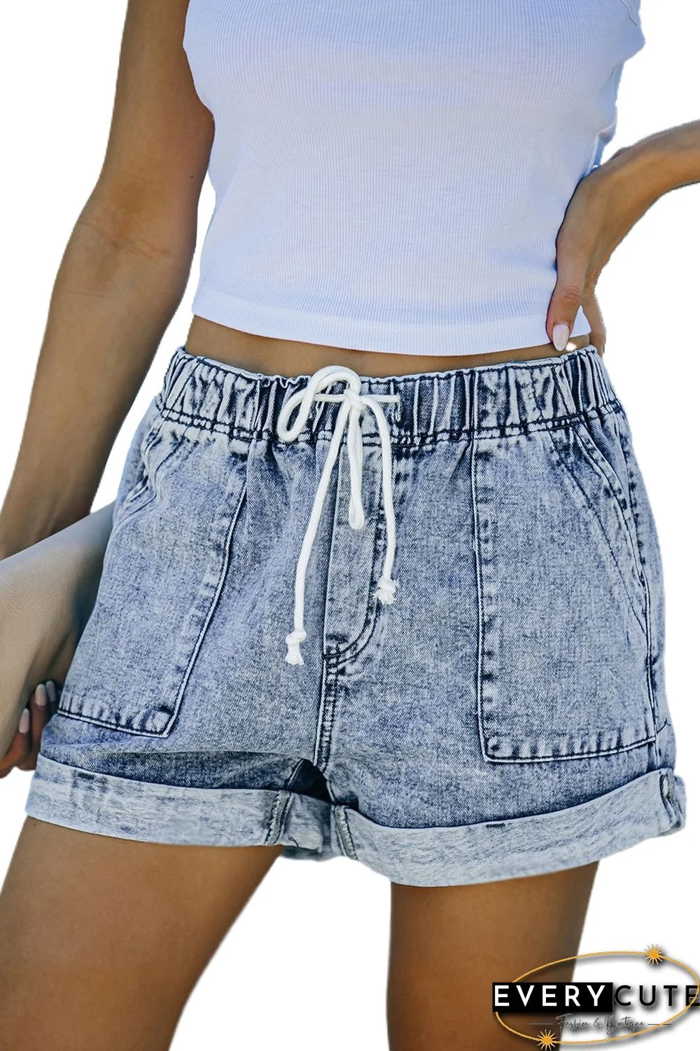 Sky Blue Pocketed Drawstring High Waist Denim Shorts