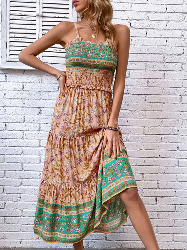 Mature Women Casual Summer New Holiday Bohemian Floral Print Suspender Dress