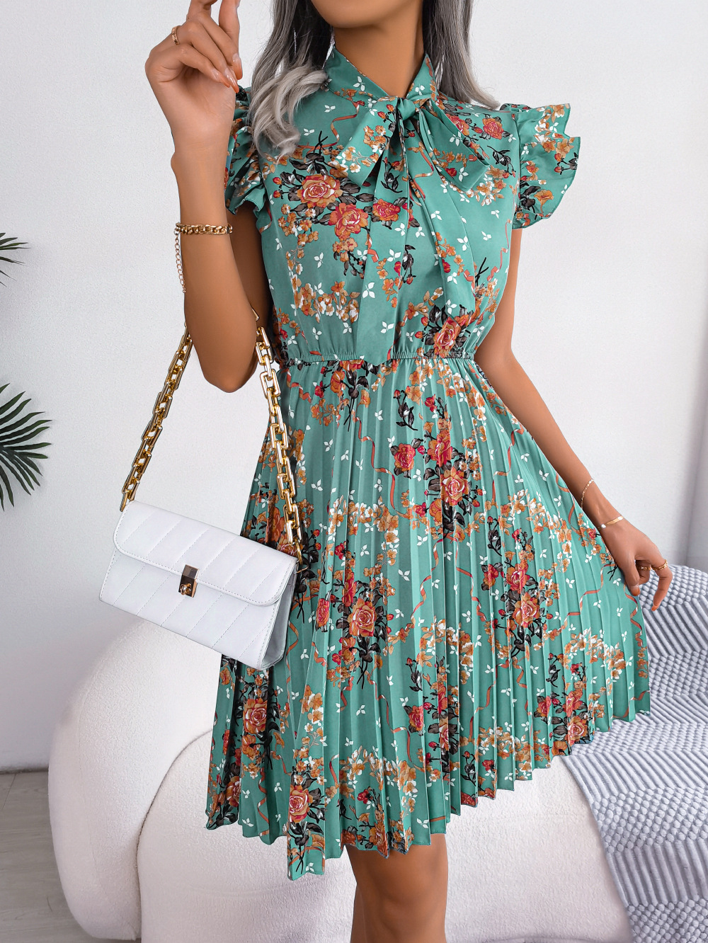 Mature Women Summer Dignified Flowers Lace-up Waist-controlled Large Hem Pleated Skirt Dress