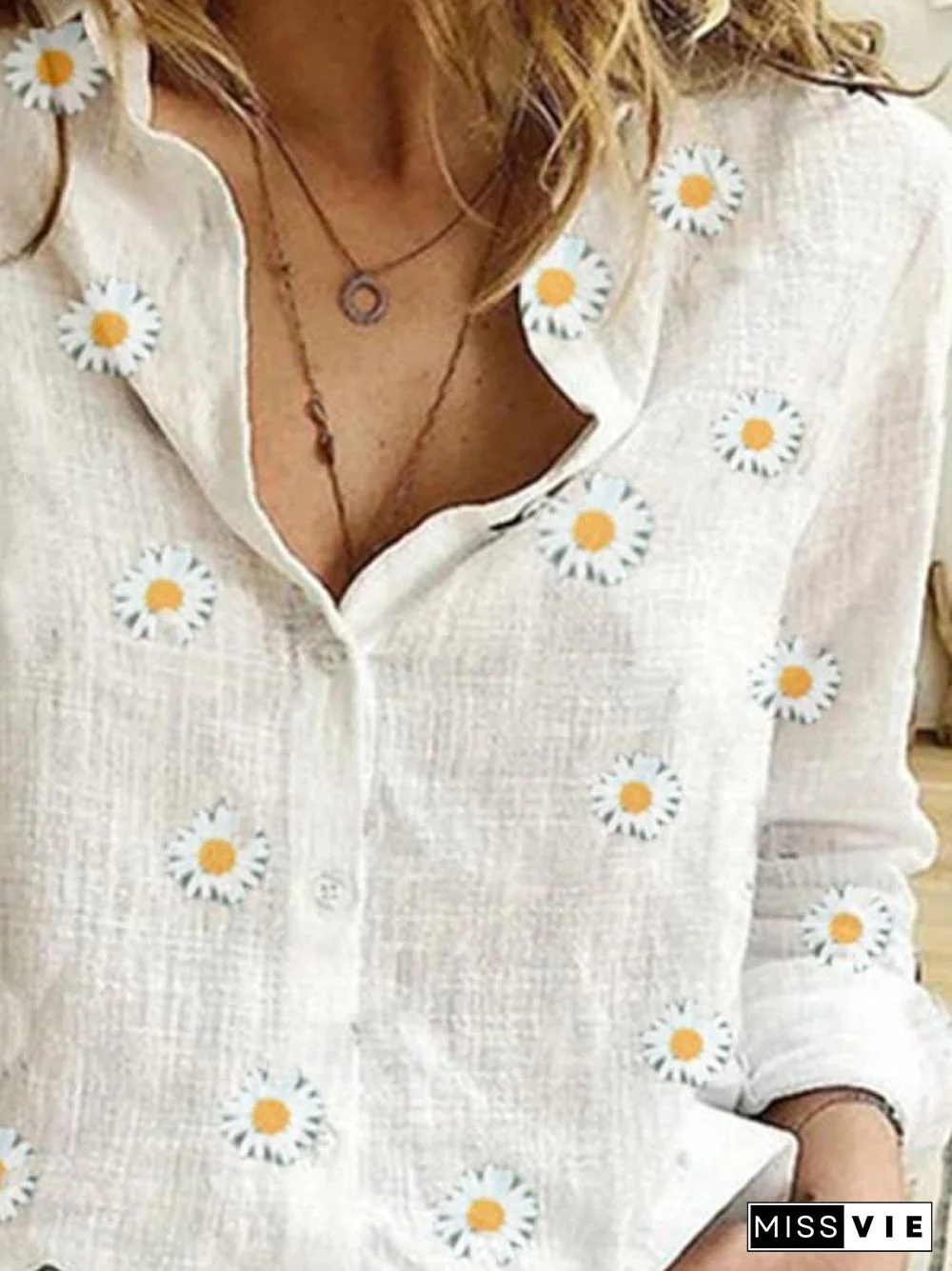 V Neck Flower Print Long Sleeve Blouse