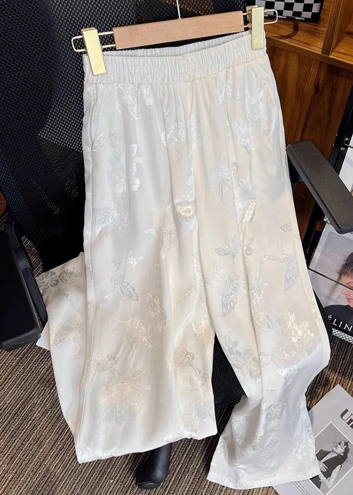 Boutique White Elastic Waist Jacquard Patchwork Silk Wide Leg Pants Summer