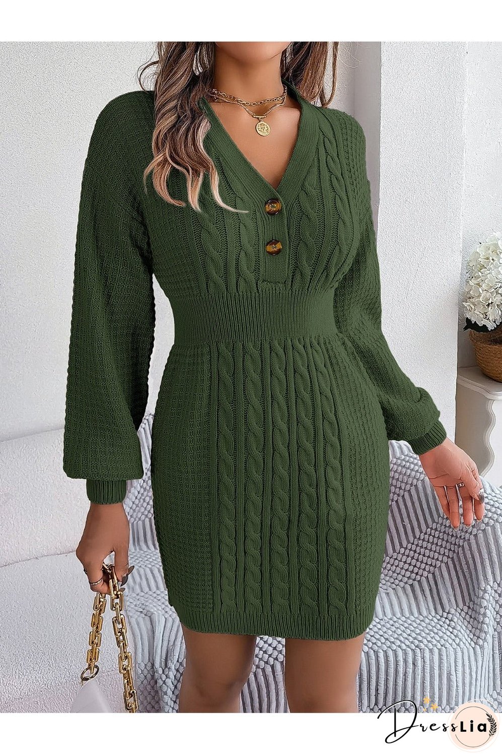 Buttoned Cable-Knit V-Neck Sweater Dress