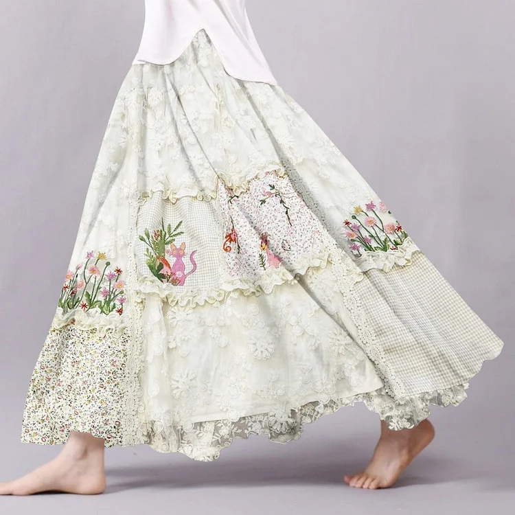 Vintage Floral Cat Lace Patchwork Art Flowy Wide Skirt