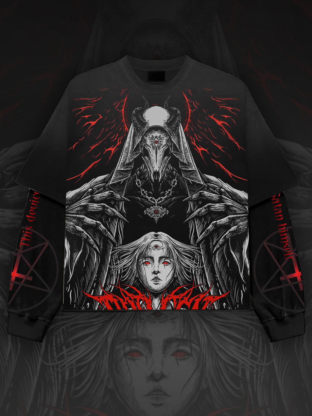 Art Satanic Hell Goat Devil Fake Two Print Long Sleeve T-Shirt