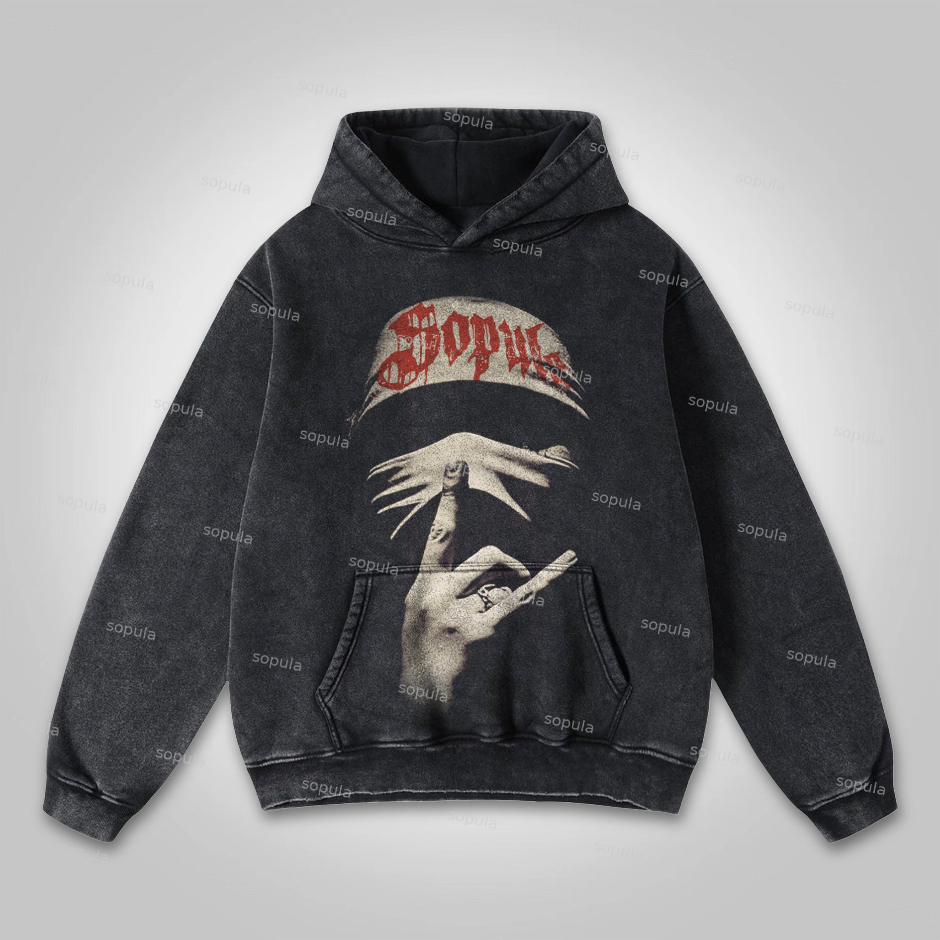 Sopula Grunge Punk Portrait Print Washed Distressed Pocket Hoodie - SOPULA