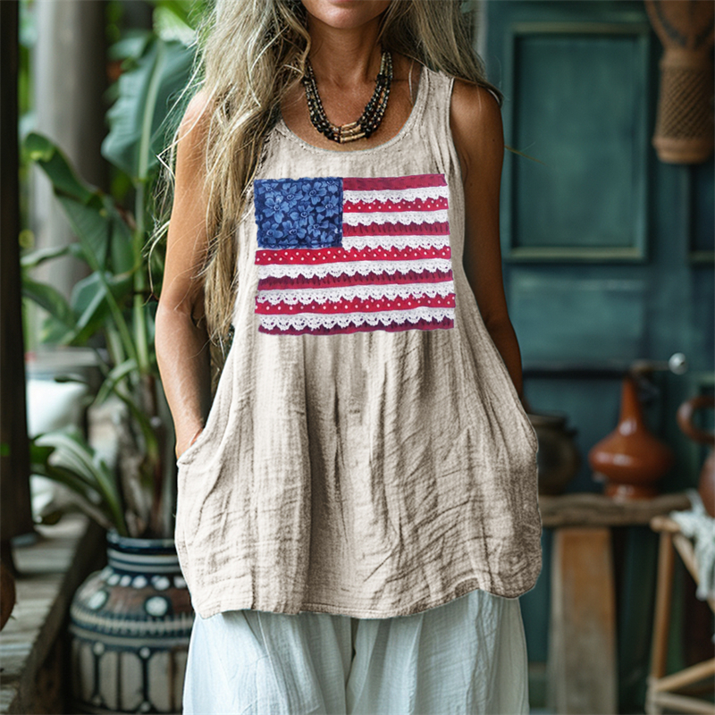 American Flag Fiber Art Patch Linen Tank Top wearshes
