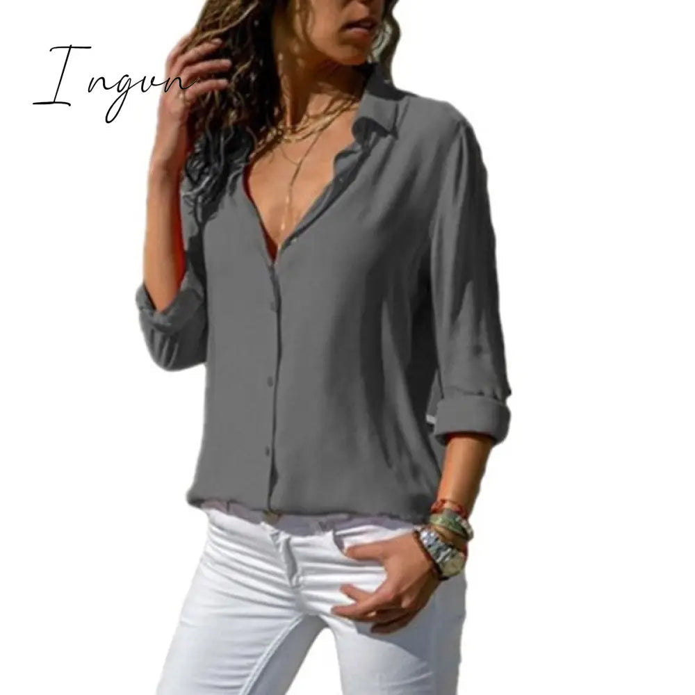 Ingvn - Elegant Long Sleeve Oversized Solid V - Neck Chiffon Blouse Summer Women Tops Female Office