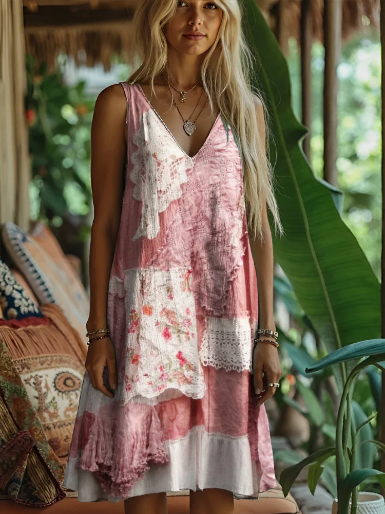 Boho Lace Floral Patchwork Women's Linen Vest Dress