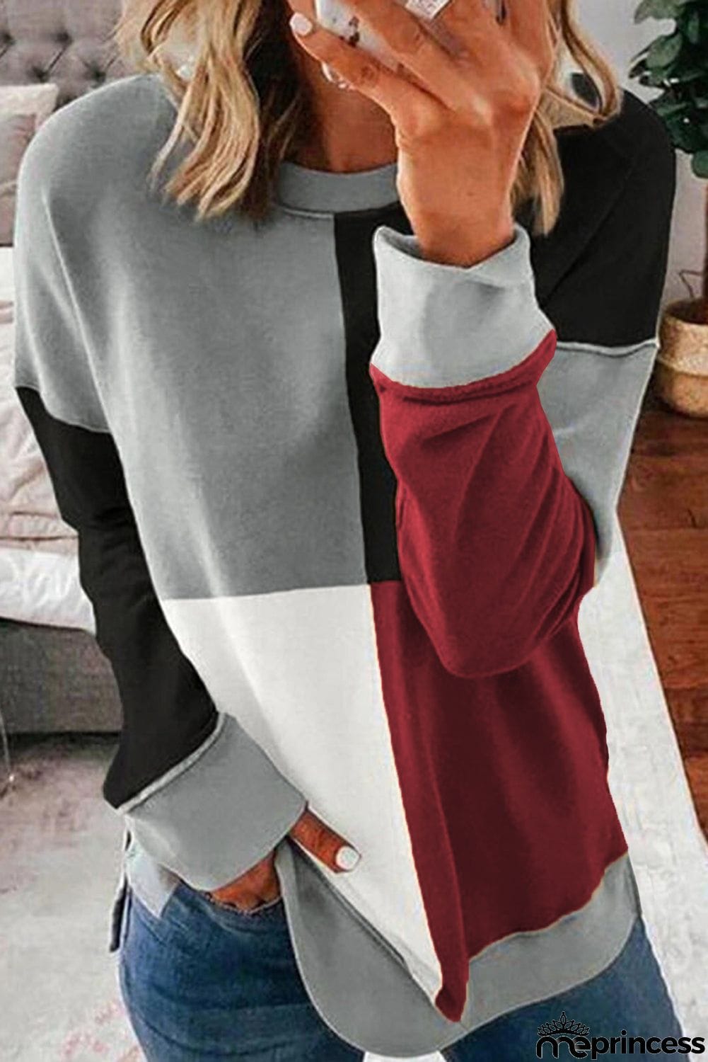 Color Block Round Neck Long Sleeves Pullover Sweatshirt