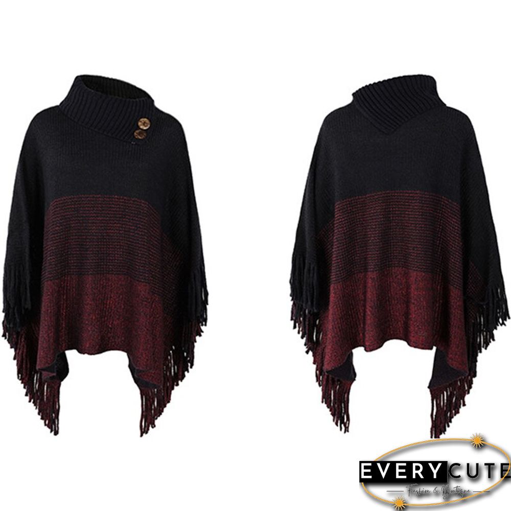 Women's Tassel Design Casual Shawl Cloak Coat Color Block Hooded Knitted Cloak And Shawl Top
