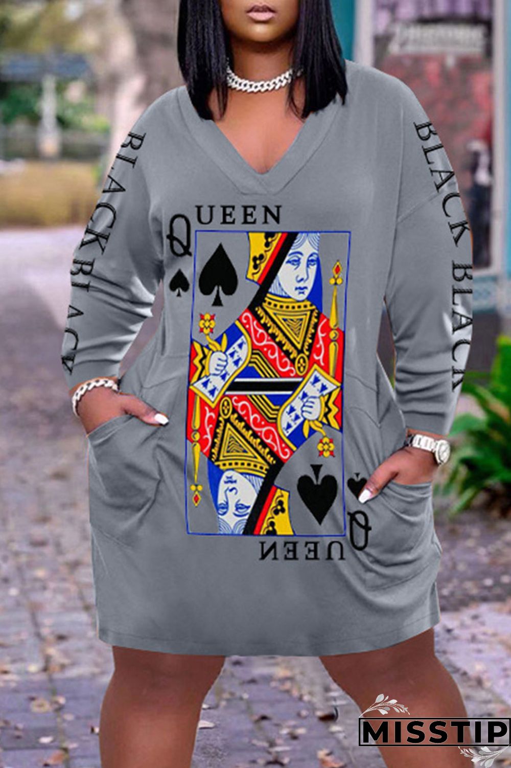 Dark Brown Casual Print Patchwork V Neck Long Sleeve Dresses