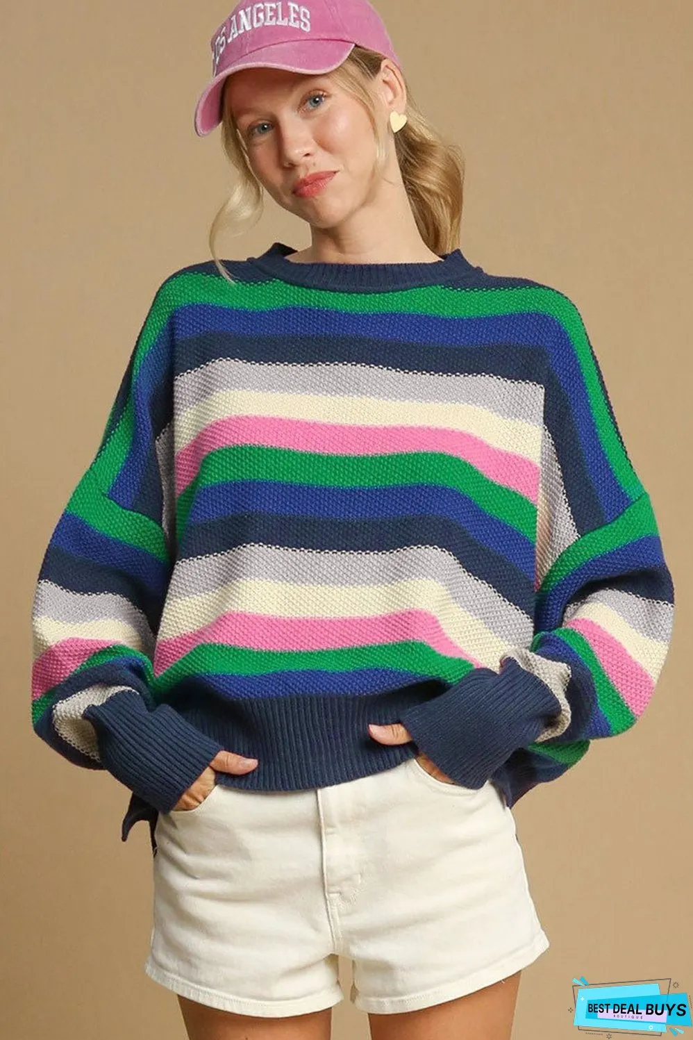 Bright Green Rainbow Striped Crew Neck Drop Shoulder Sweater