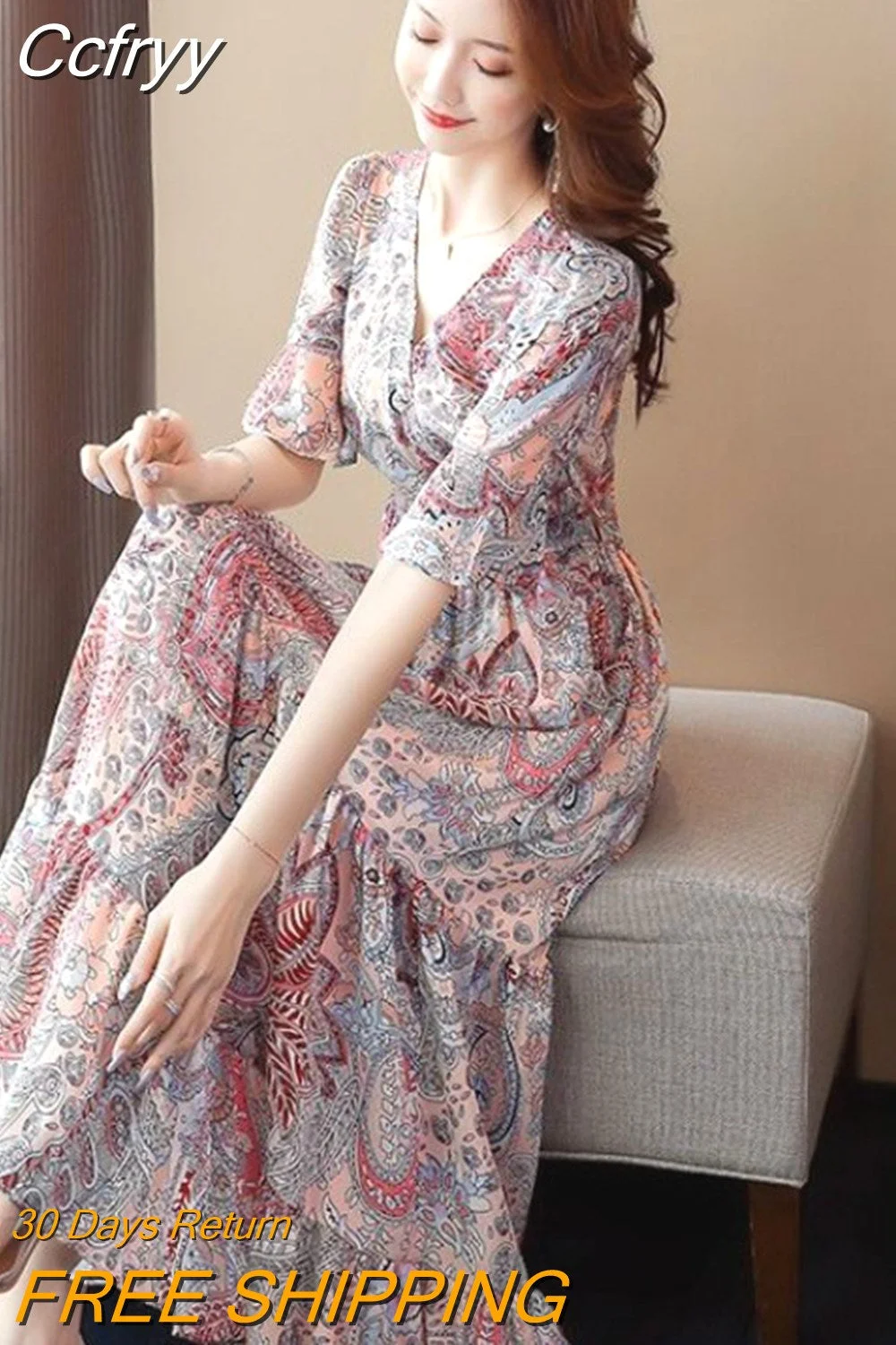 huibahe For Woman Vintage Floral Print Maxi Dress Casual Beach Flared Sleeve Spring Summer 2023 Elegant Office Ladies Midi Dresses