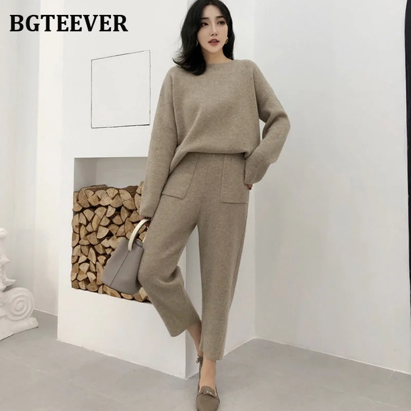 Casual Sweater Tracksuit O-neck Pullovers & High Waist Pants Women Sweater Sets Knitted Set Autumn Winter Knitted 2 Pieces Set