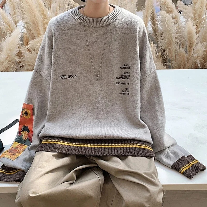 Aonga Men Sweater Pullover Pull Van Gogh Painting Embroidery Knitted Sweater Vintage Harajuku Fashion Brand Y2K Pullovers aonga