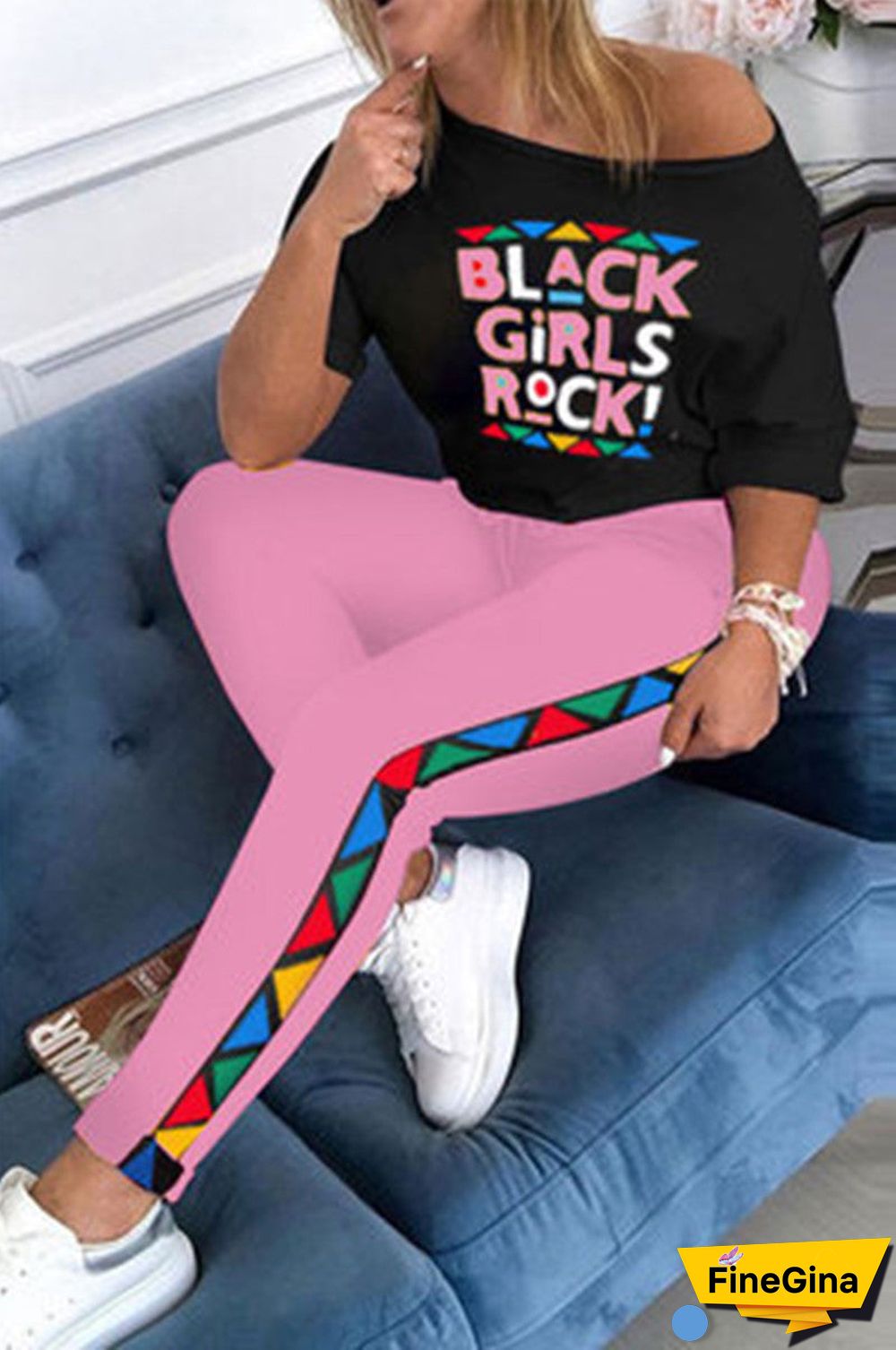 Fashion Casual Lips Printed Basic Oblique Collar Three Quarter Regular Sleeve Regular Two Pieces