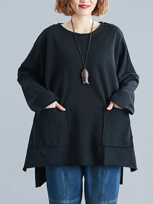 High-Low Long Sleeves Pockets Solid Color Split-Joint Split-Side Round-Neck Sweatshirt Tops