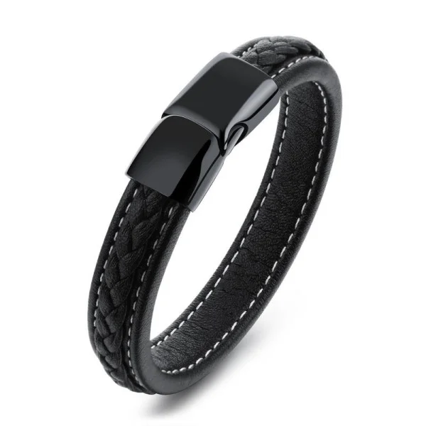 Pure Black Titanium Steel Leather Bracelet-barclient
