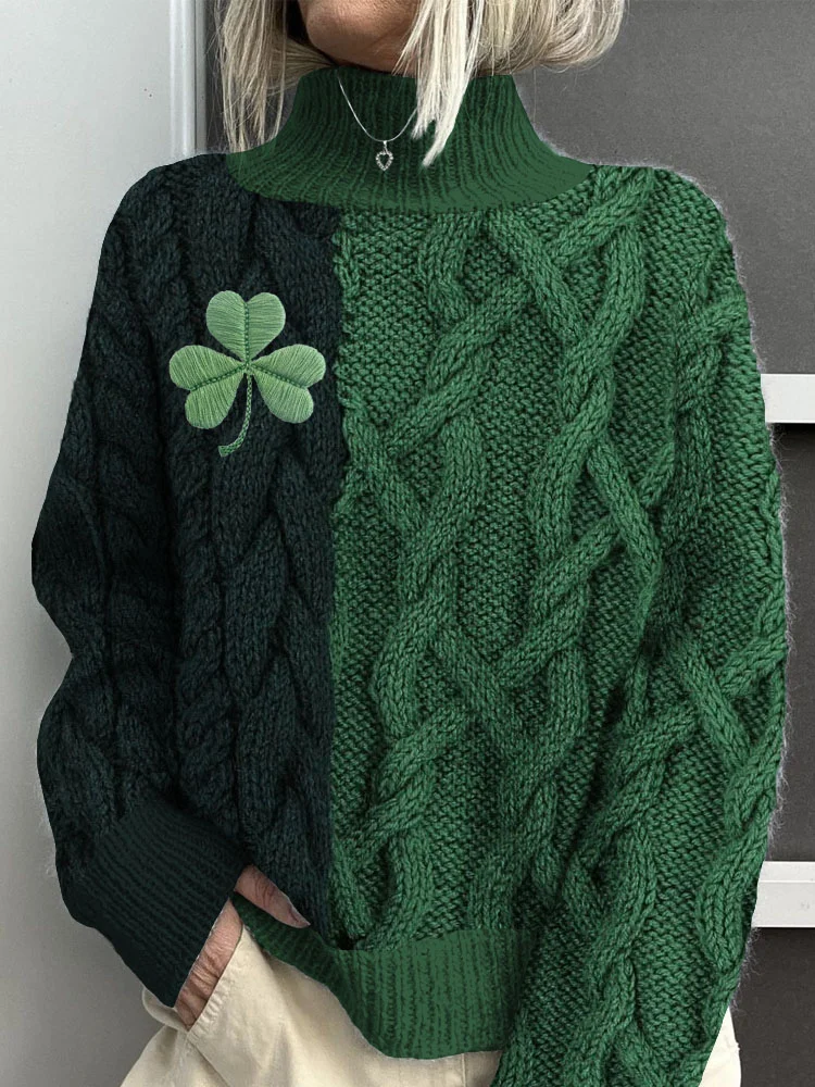 Shamrock Embroidered Jacquard Cozy Turtleneck Sweater