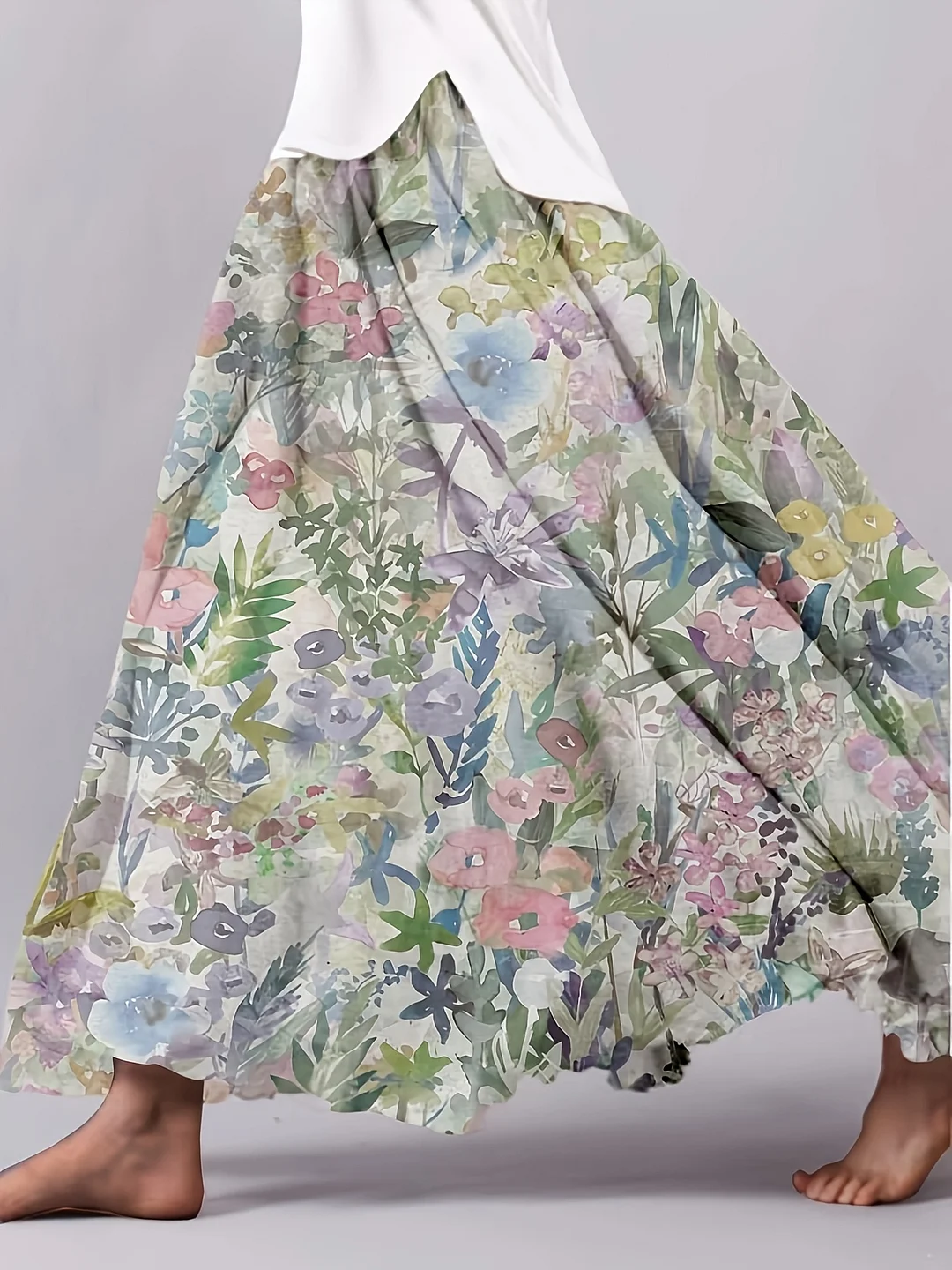 Women's Floral Print Maxi Skirt With Elastic Waistband - Flared Casual Summer Skirt, Vibrant Botanical Design, Machine Washable Non-See-Through Fabric For All-Season Wear, Relaxed Fit, Elegant Style, Comfortable Fit, Relaxed Style | IFYHOME