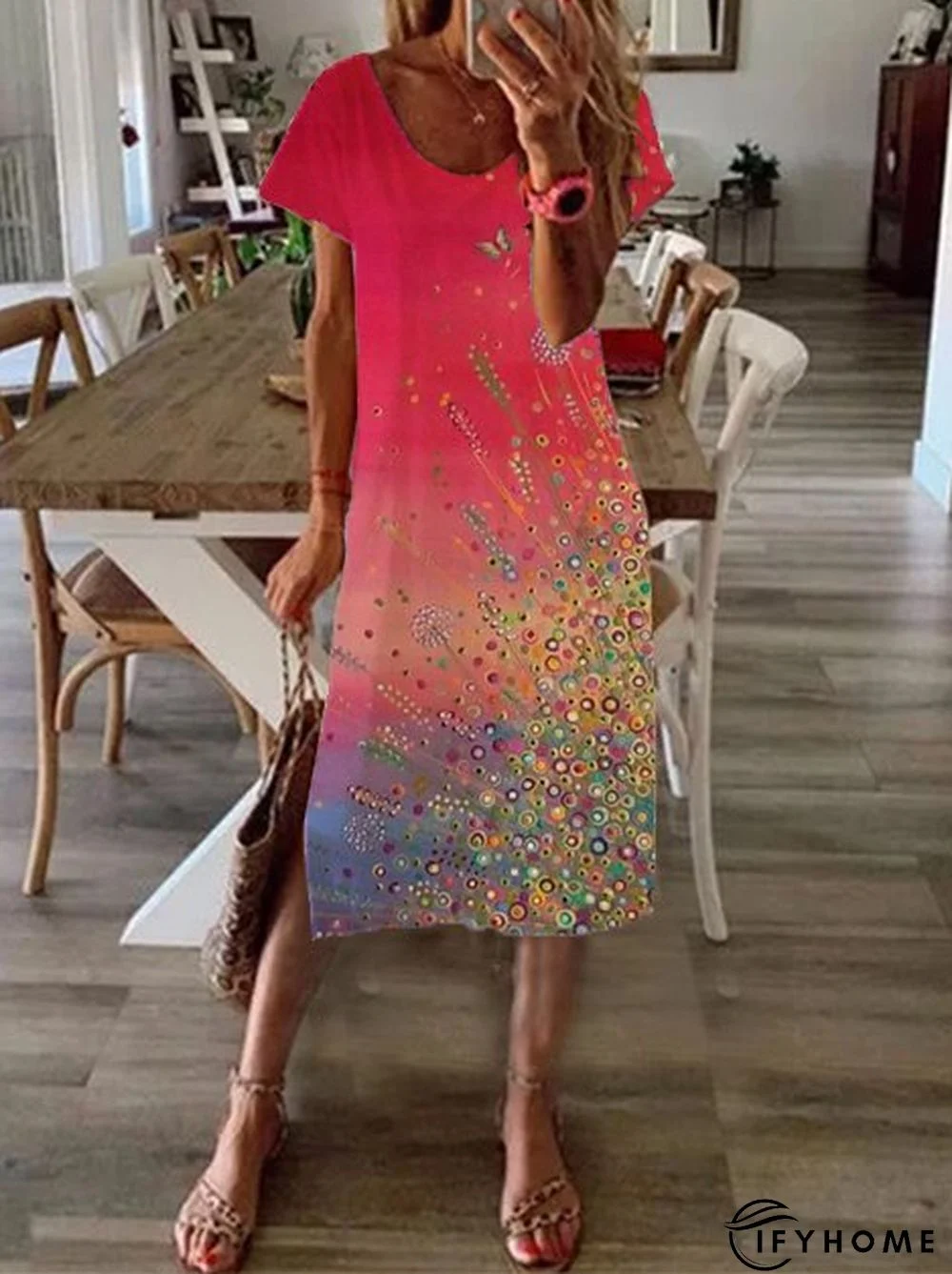Women Chic Casual Tie-Dye Short Sleeve V Neck Midi Weaving Dress | IFYHOME