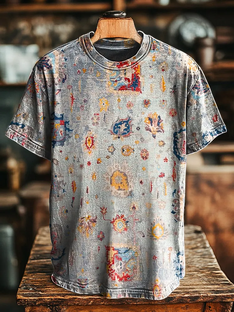 Unisex Vintage Ethnic Totem Floral Print Casual Loose T-Shirt