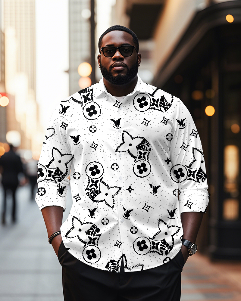 Men's Plus Size Business Black And White Diamond Flower Geometric Print Long Sleeve Shirt