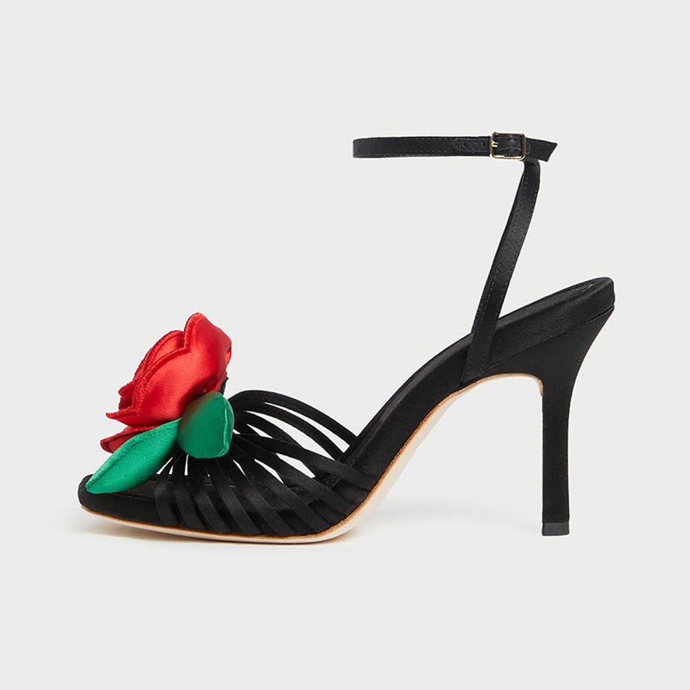 Black Satin Square Toe Stiletto Heel Red Rose Ankle Strap Sandals Nicepairs