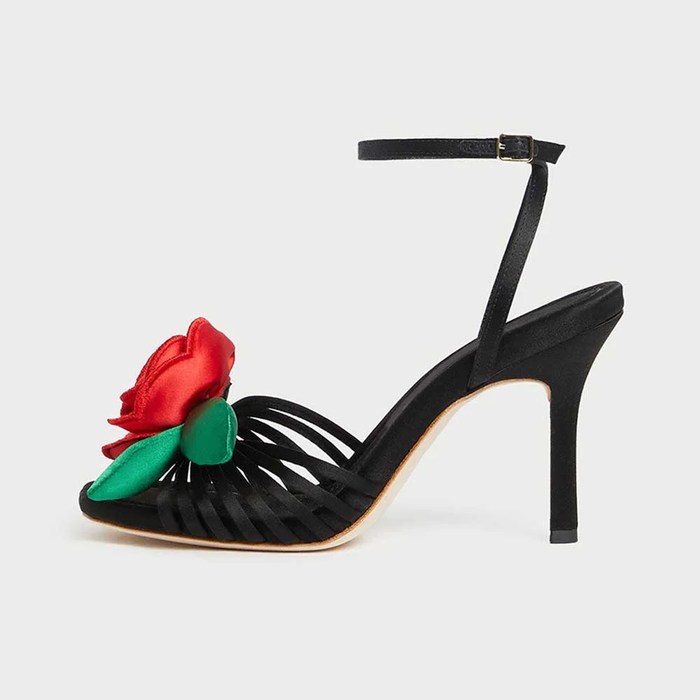 Black Satin Square Toe Red Rose Inlay Ankle Strap Heeled Sandals Nicepairs