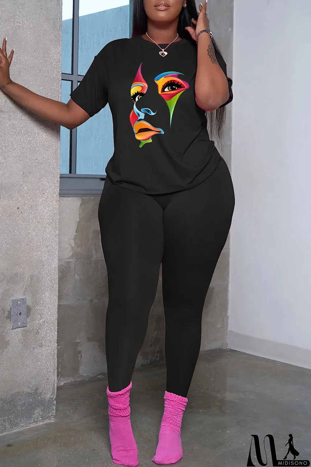 MidiSono - Black Fashion Casual Print Patchwork Basic O Neck Short Sleeve Two Pieces