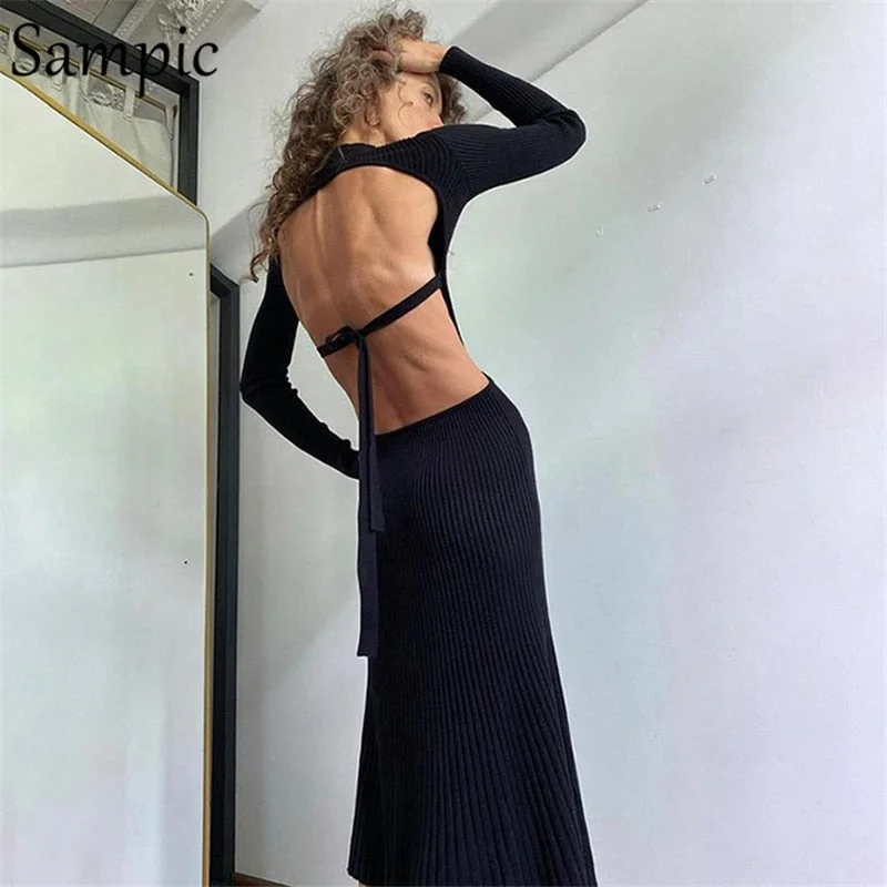 Sampic Sexy Women Long Sleeve Black Khaki Knitted Midi Wrap Dress Autumn 2020 Party Night Club Backless Bodycon Dress