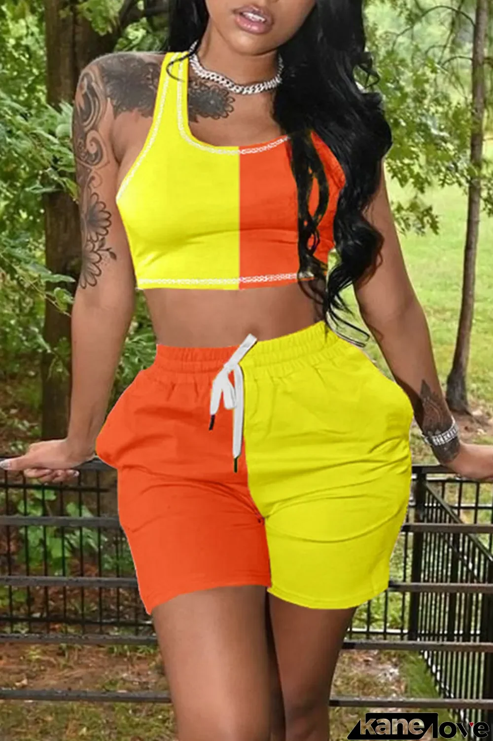 Tangerine Casual Sportswear Solid Patchwork U Neck Two Pieces
